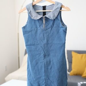 Blue Collared Denim Mini Dress with Front Zipper